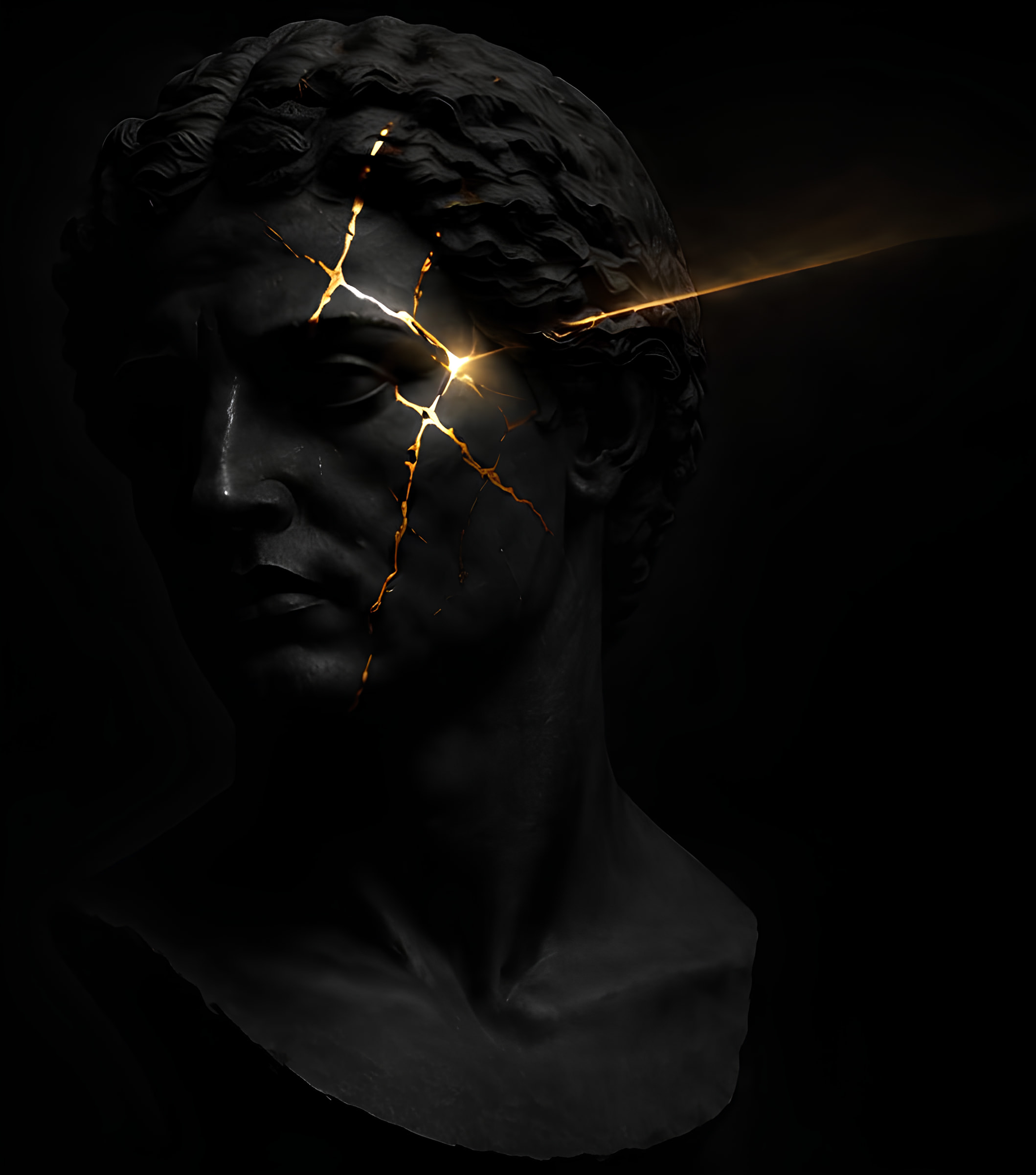 Busto clásico con grietas doradas luminosas, evocando reparación y luz.